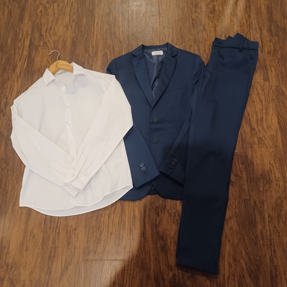 Mamemi Boys Navy Blue Suit with White Shirt (Size 42 IT)